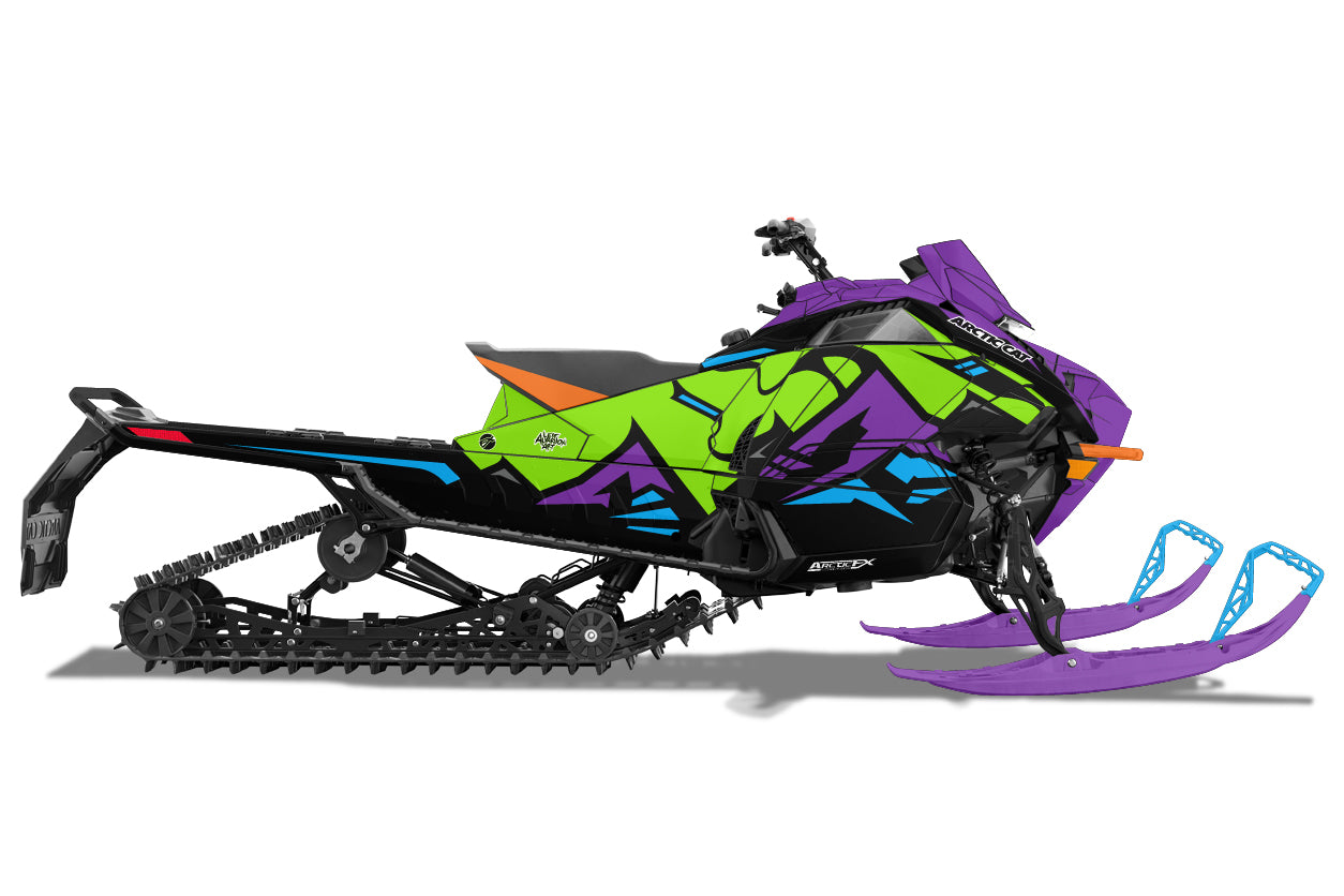 Green arctic cat snowmobile wrap with purple skis