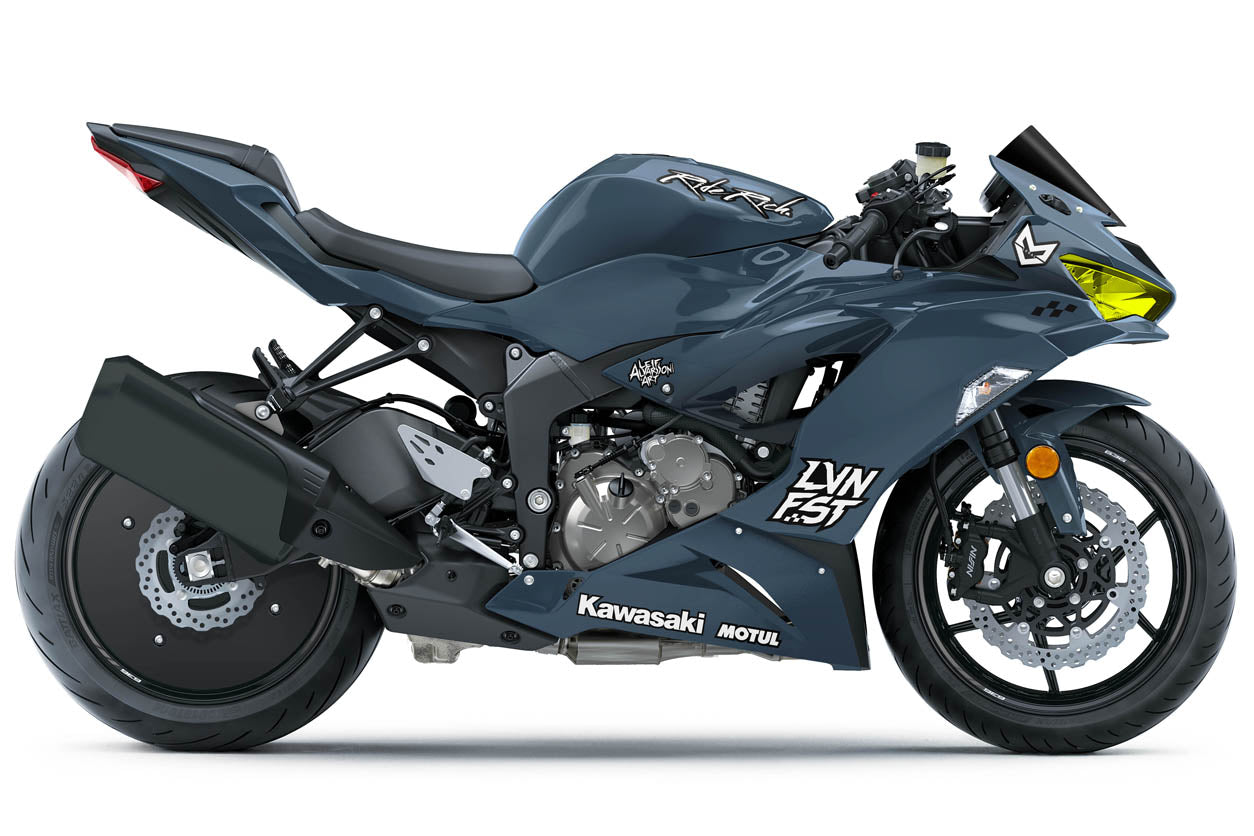 Full color wrap change on a kawasaki ninja zx6r with sample logos in black and white