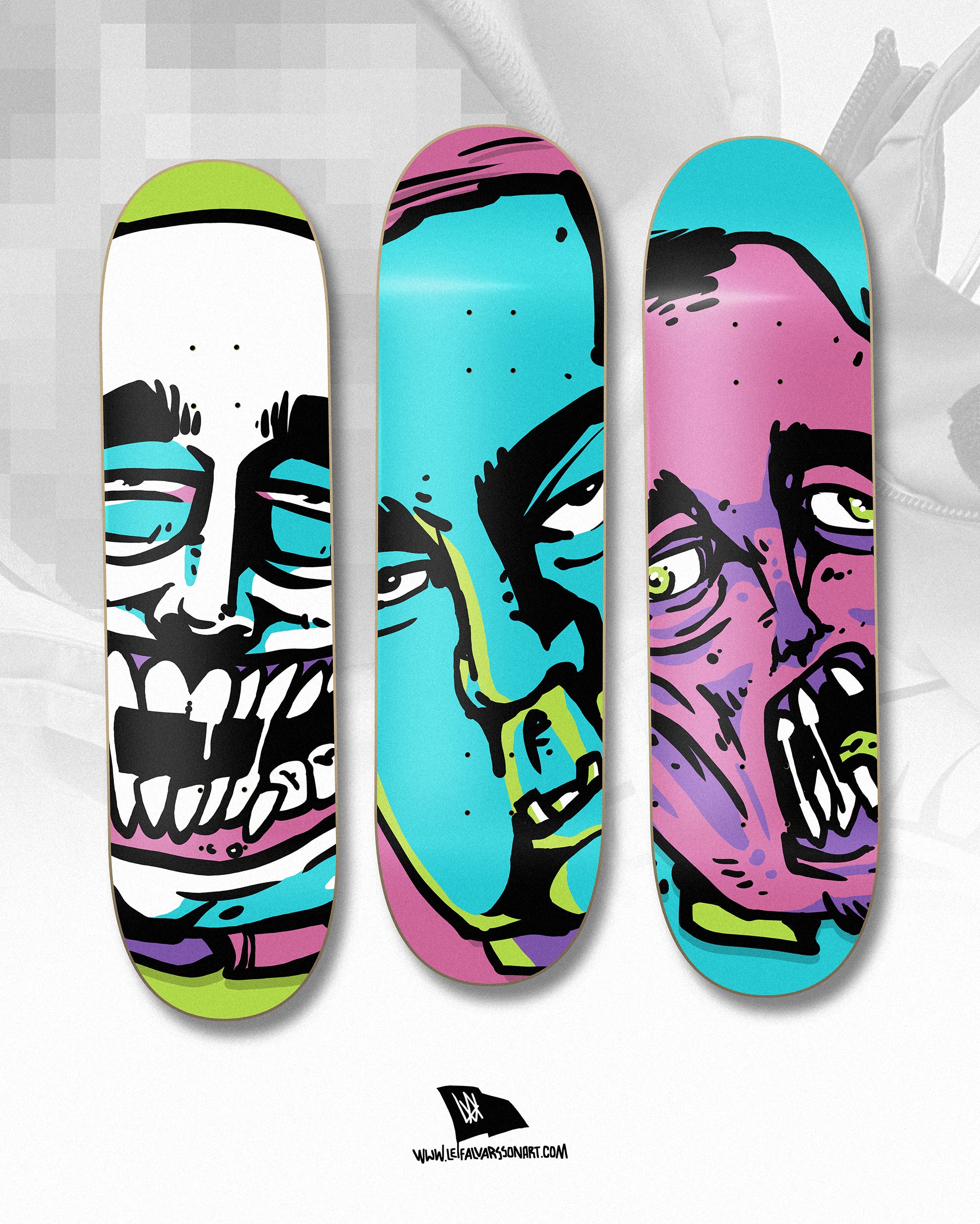 Three colorful skateboard decks with abstract designs on a white background