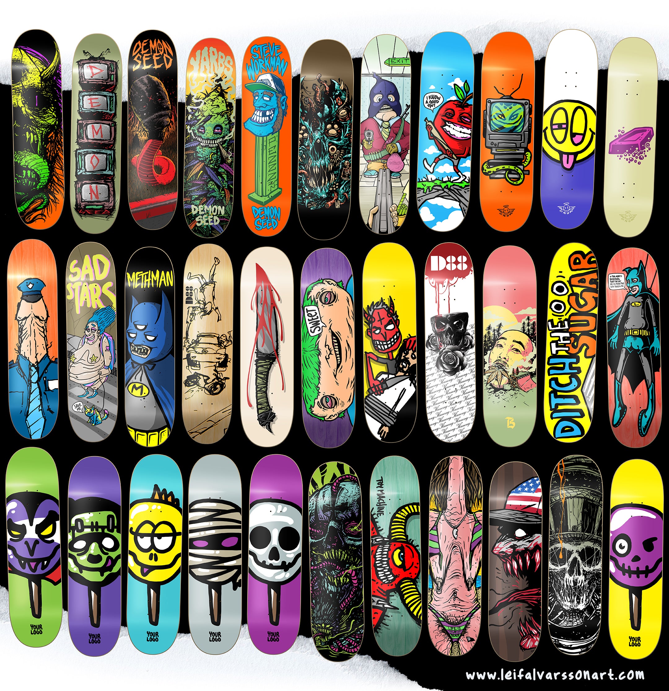 Collection of variously designed skateboard decks displayed against a white background.