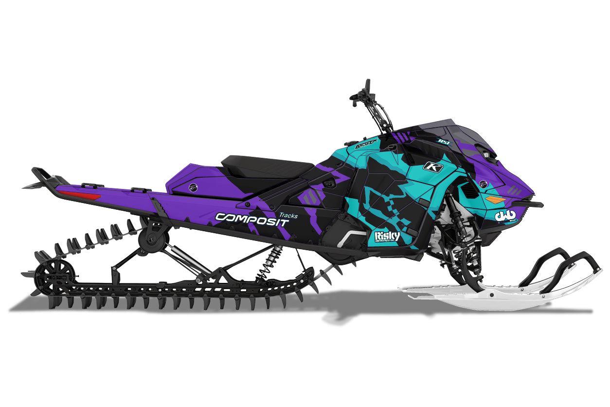 Purple Sled Wrap with white logos on a ski-doo snowmobile with white skis