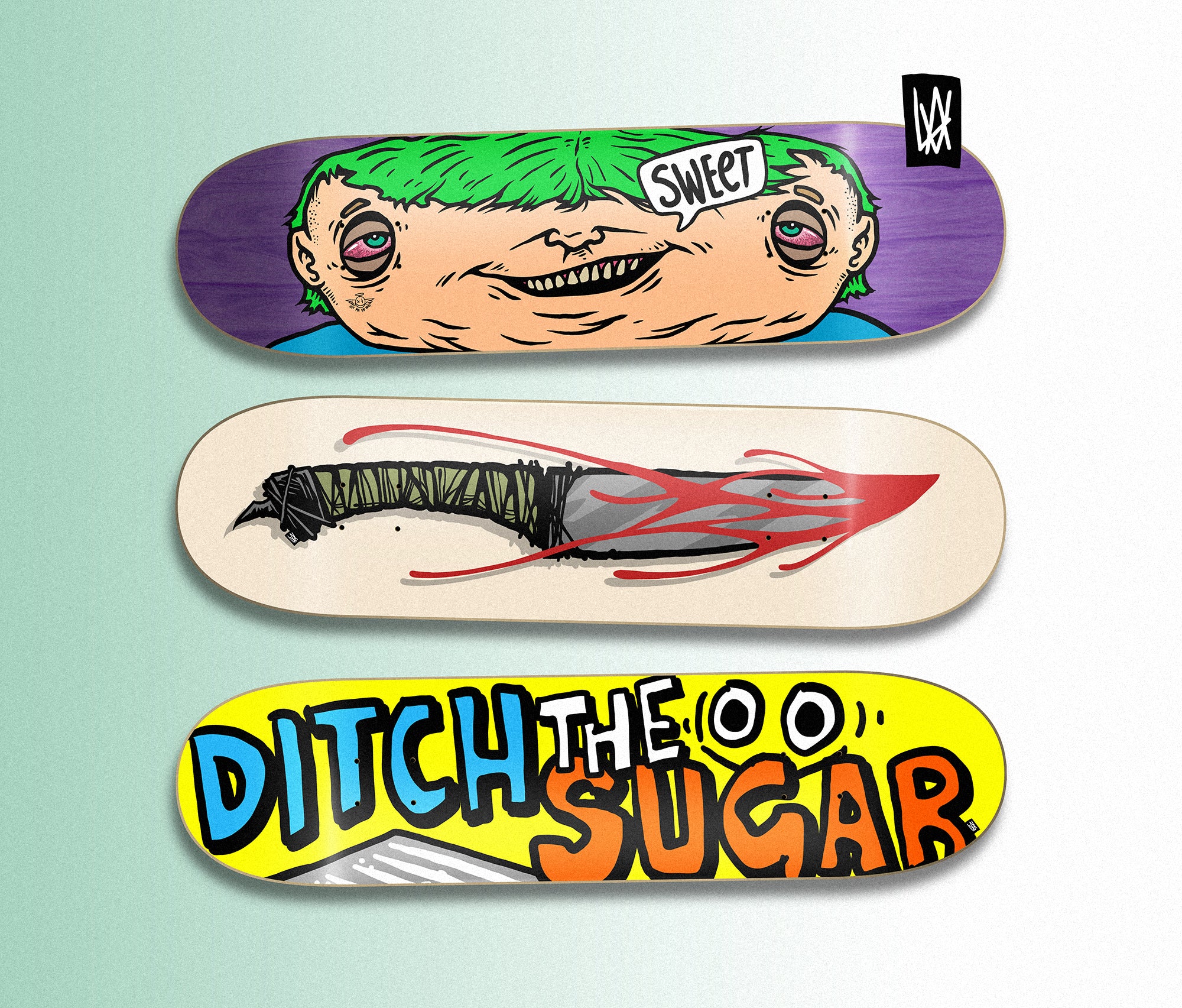 Three skateboard decks with unique designs on a light blue background