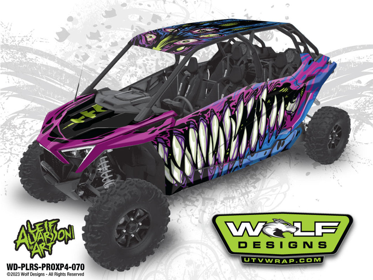 Grinder utv wrap showcasing a lot of teeth in white blue pink and lime green colors.