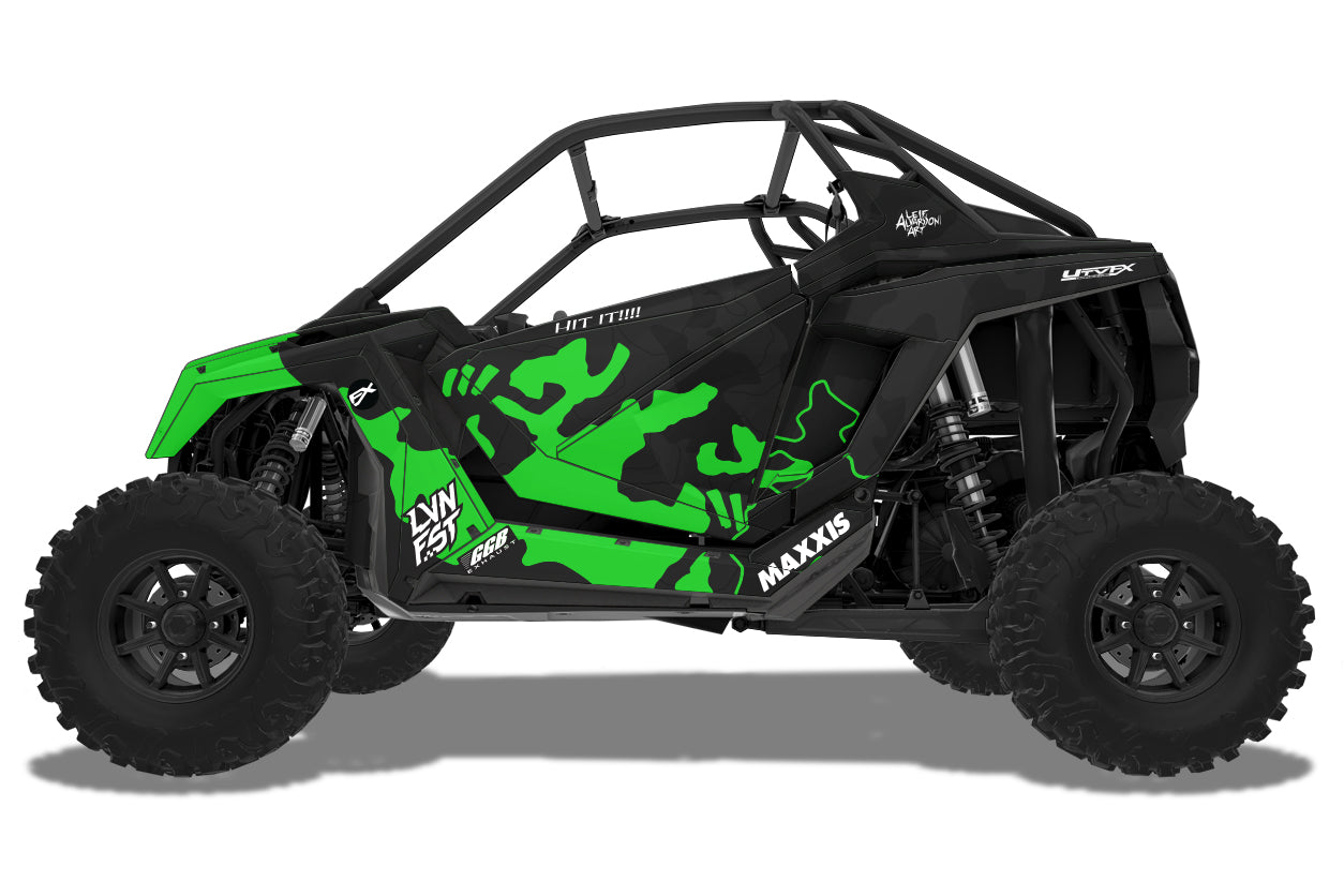 Green covert camo utv wrap on a Polaris Pro 2 Doors with black wheels