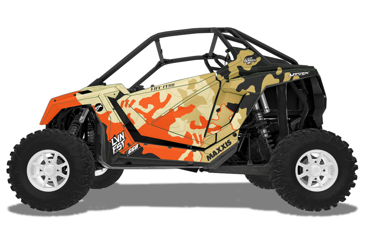 Covert camo utv wrap on a Polaris Pro 2 Doors with white wheels