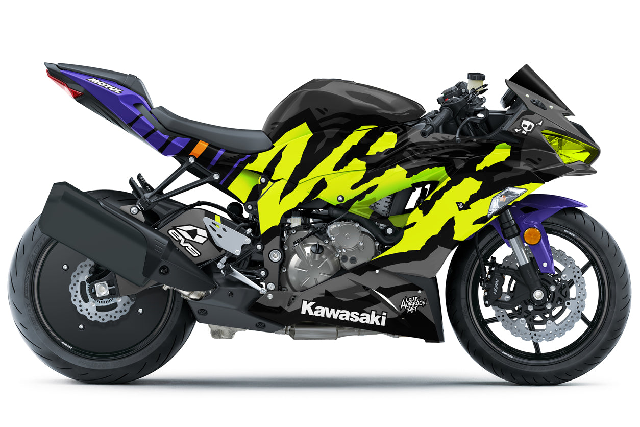 Ninja logo on in lime purple and black colors on a motorcycle wrap to a Kawasaki Ninja ZX-6R