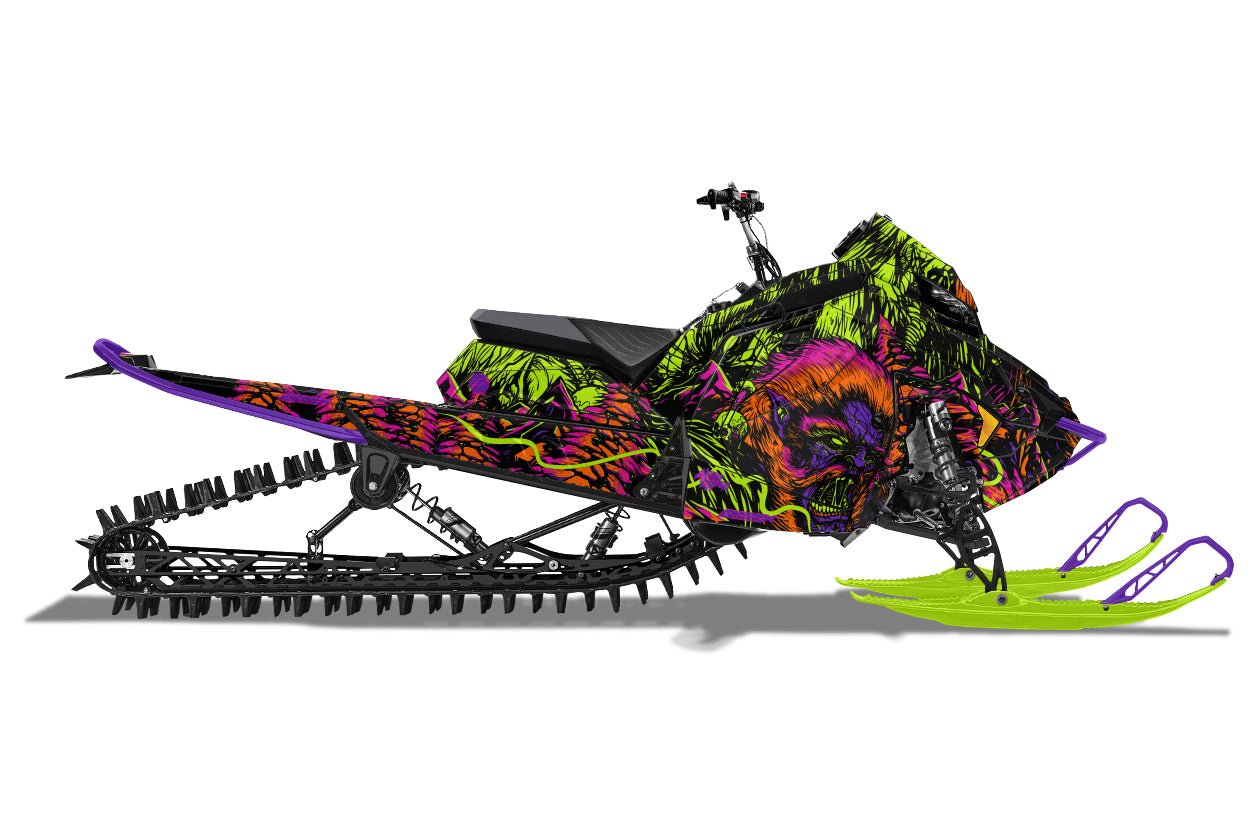 Yeti snowmobile wrap design in colors lime, pink, purple, orange and black