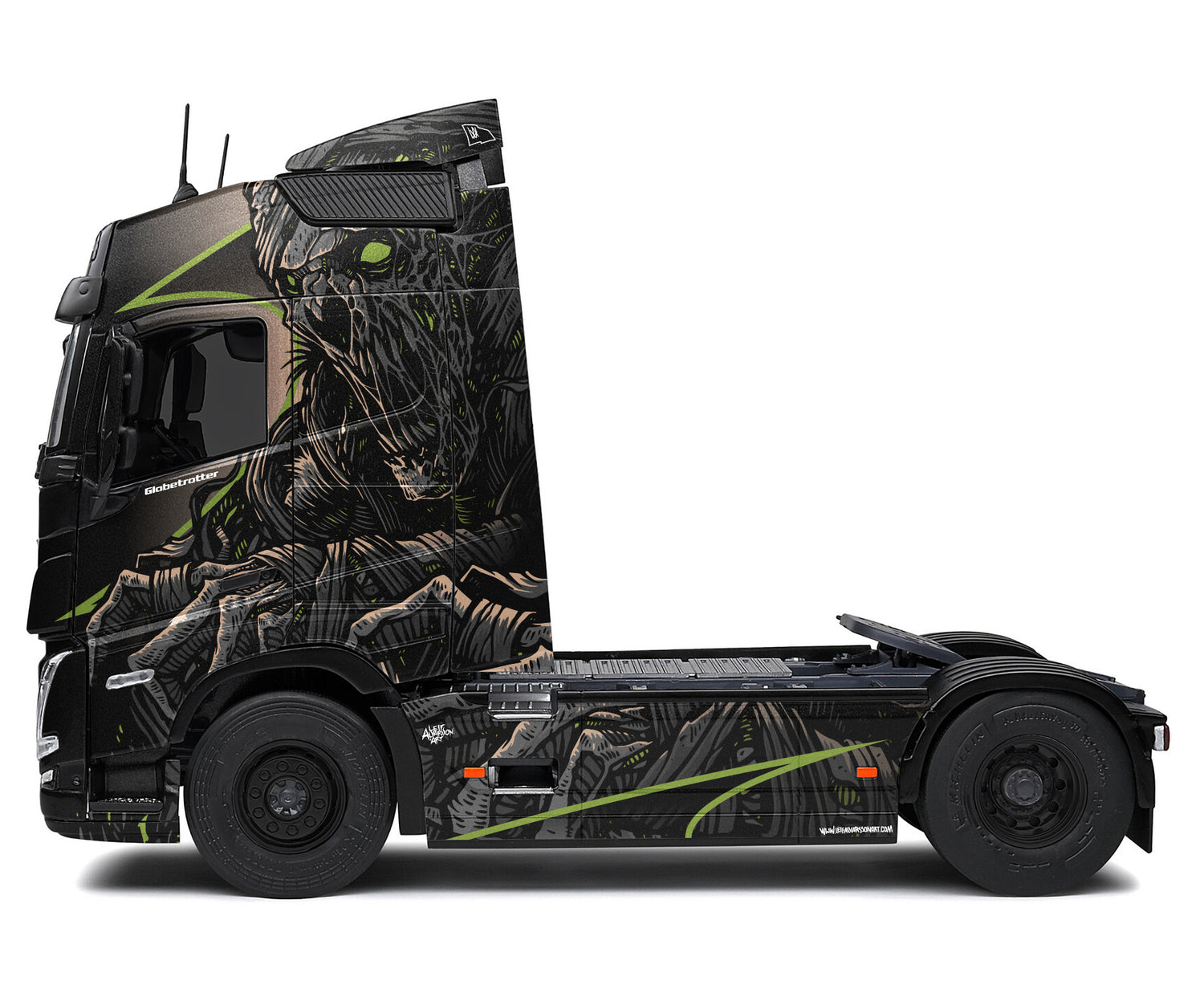 Black and green truck with a unique design on a white background