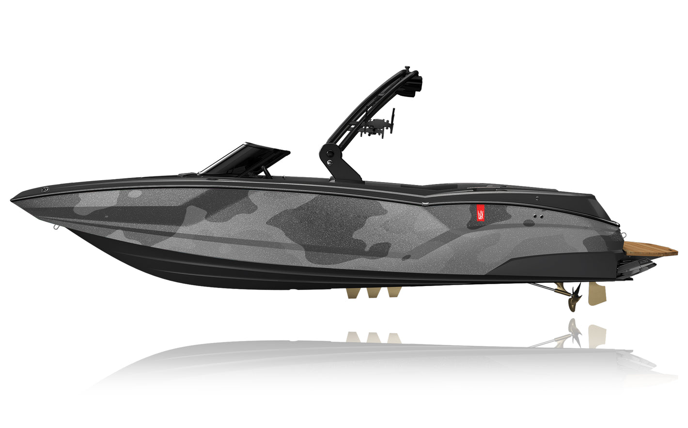 A modern speedboat with a dark gray and black camouflage pattern, featuring a black wakeboard tower, black hull, and a small wooden deck section at the stern.