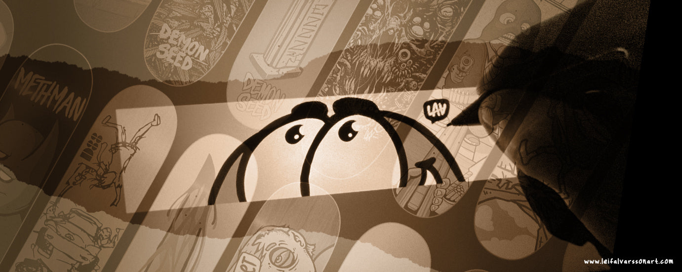 A sepia-toned graphic illustration featuring a stylized cartoon face peeking from behind circular and rectangular graphic elements, with a dark hand holding a pen or brush on the right side with faded skateboard decks in the background.