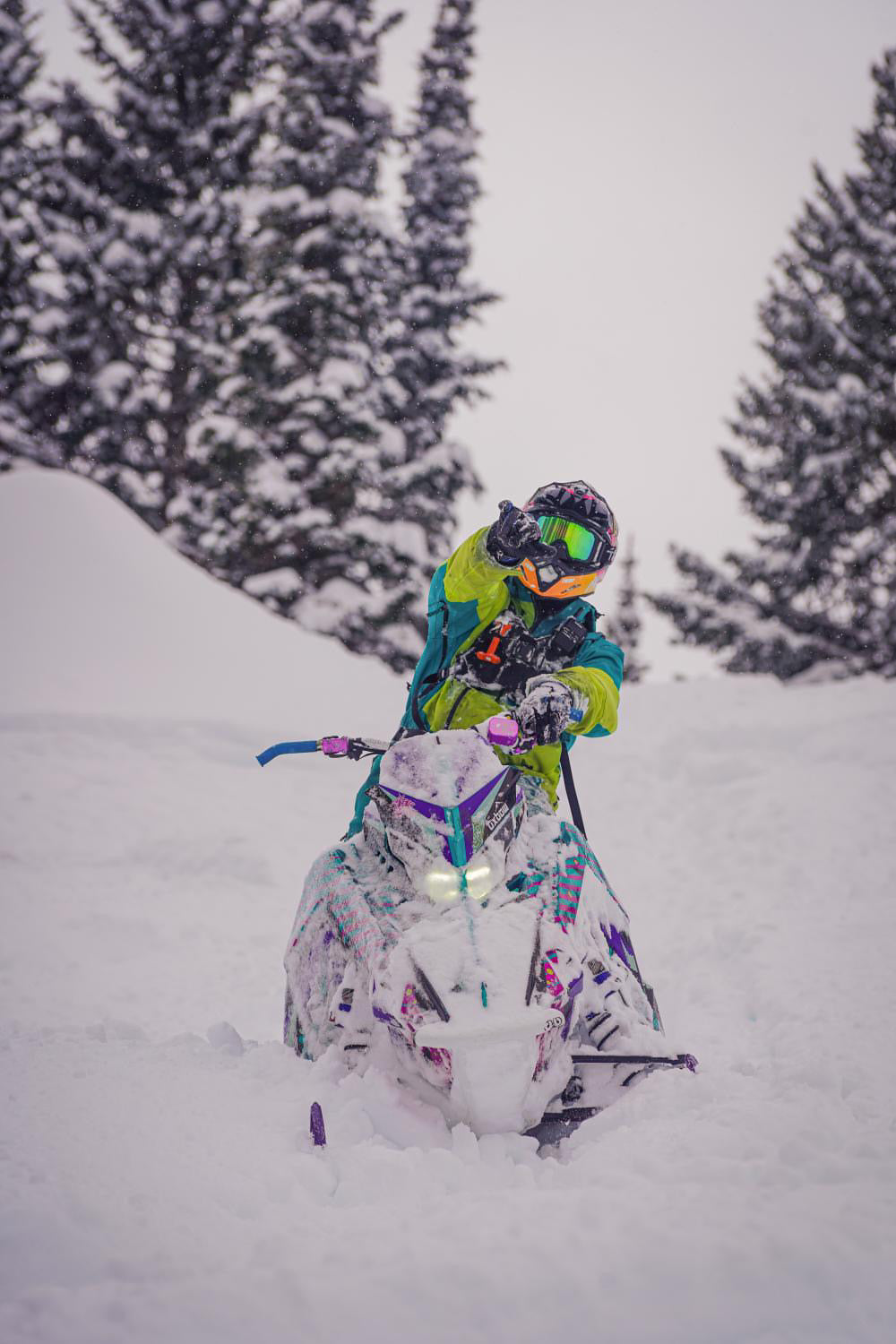 Man on snowmobile with fresh snow and trees in the background pointing at the camera.