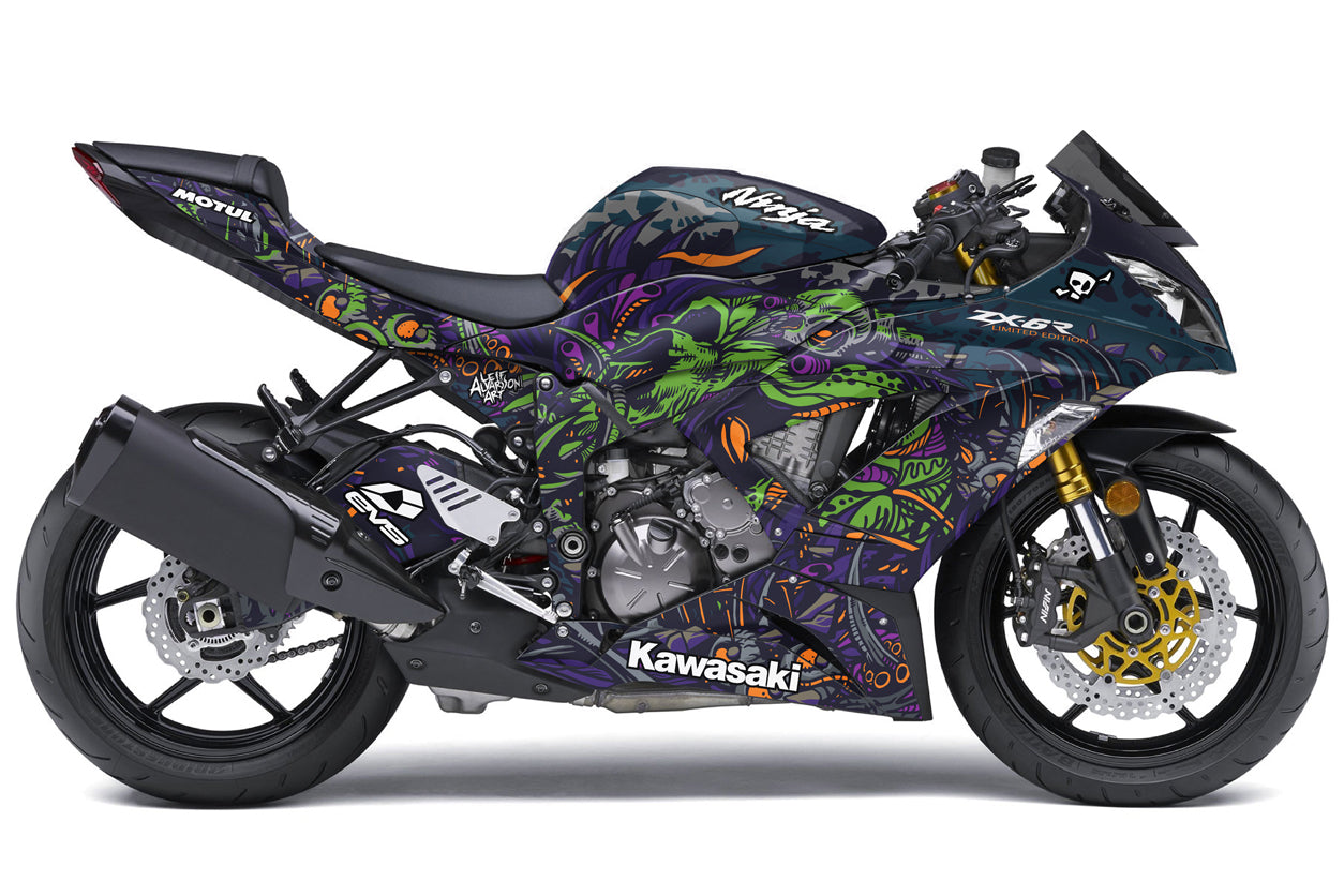 motorcycle wrap with a kawasaki green skull on it