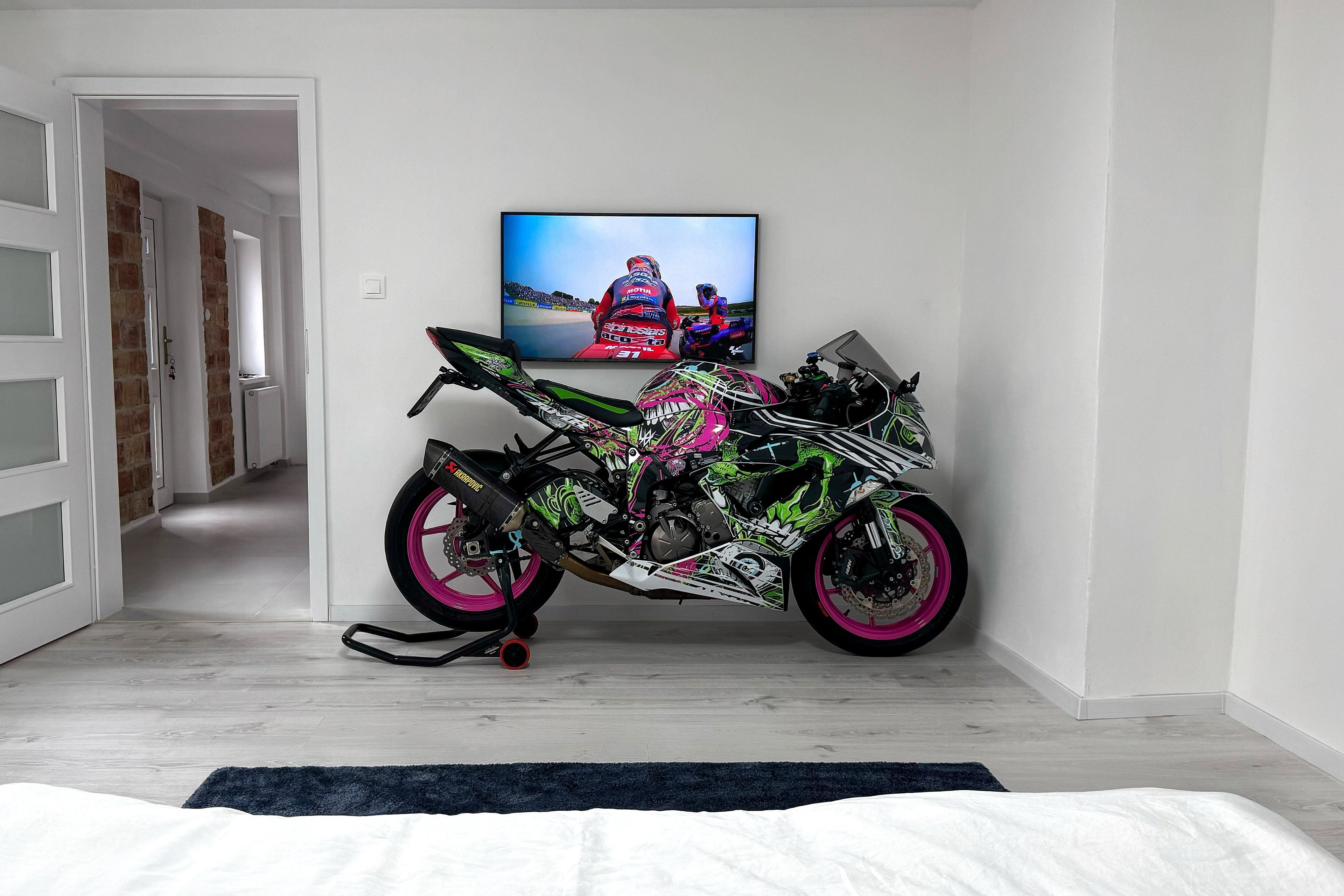 Motorcycle in bedroom