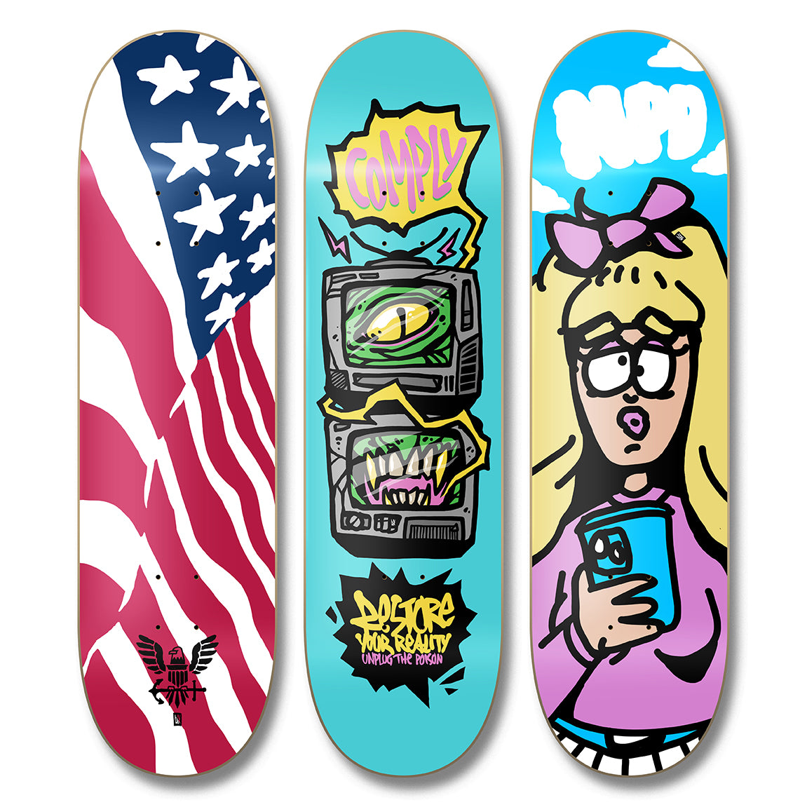 Three skateboard decks displayed side by side, each featuring a distinct graphic design: a distressed American flag pattern, a turquoise comic-style TV with a single eye, and a cartoon girl with blonde hair, glasses, and a purple bow holding a phone.