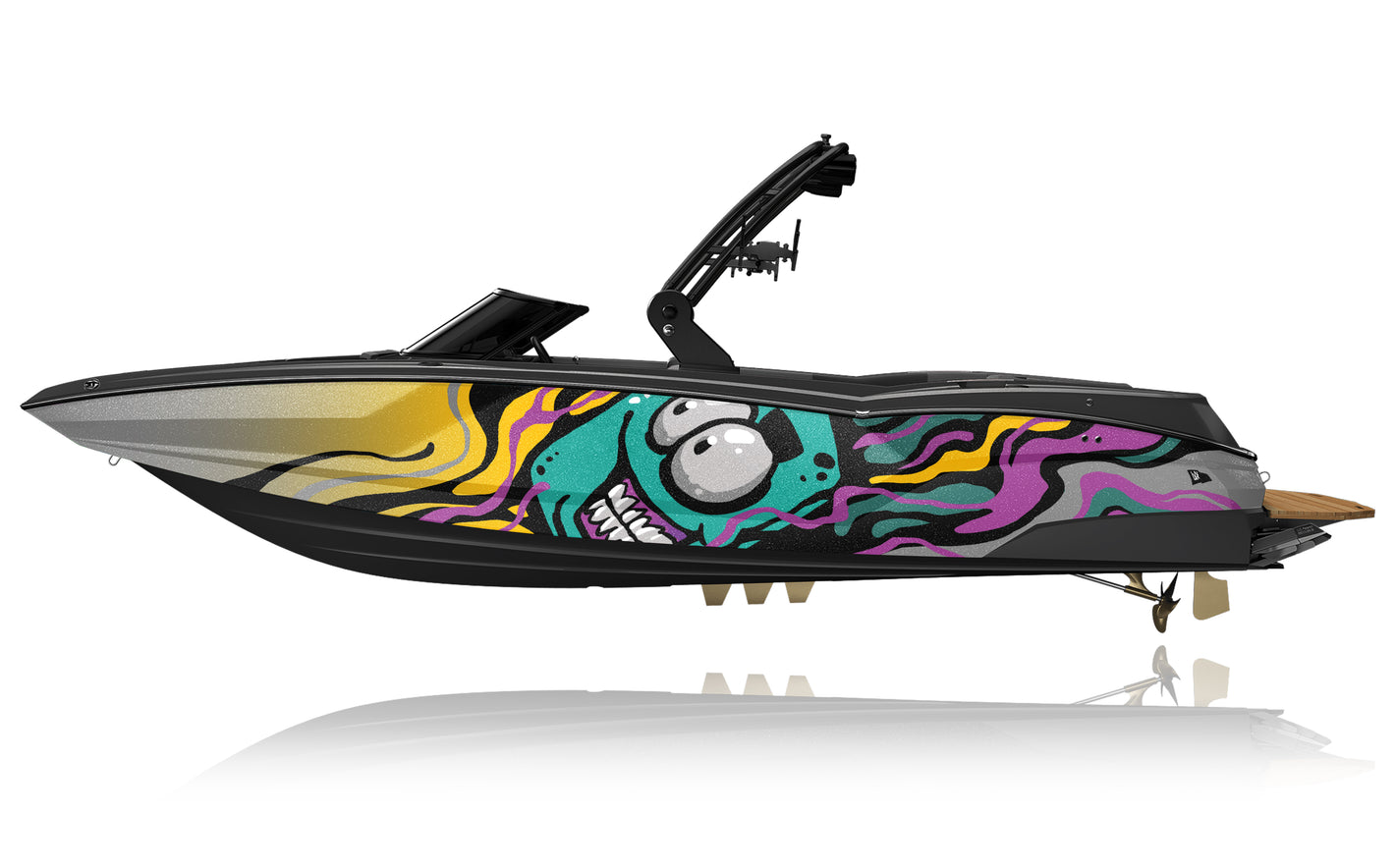 Colorful boat with a cartoon face design on a white background