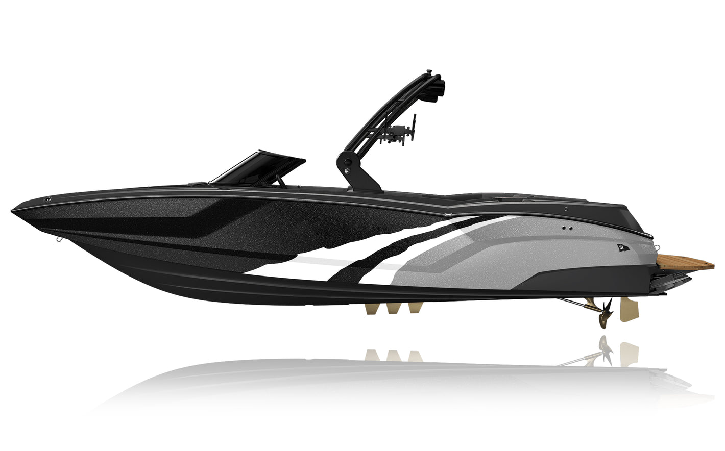 Black and gray speedboat on a white background