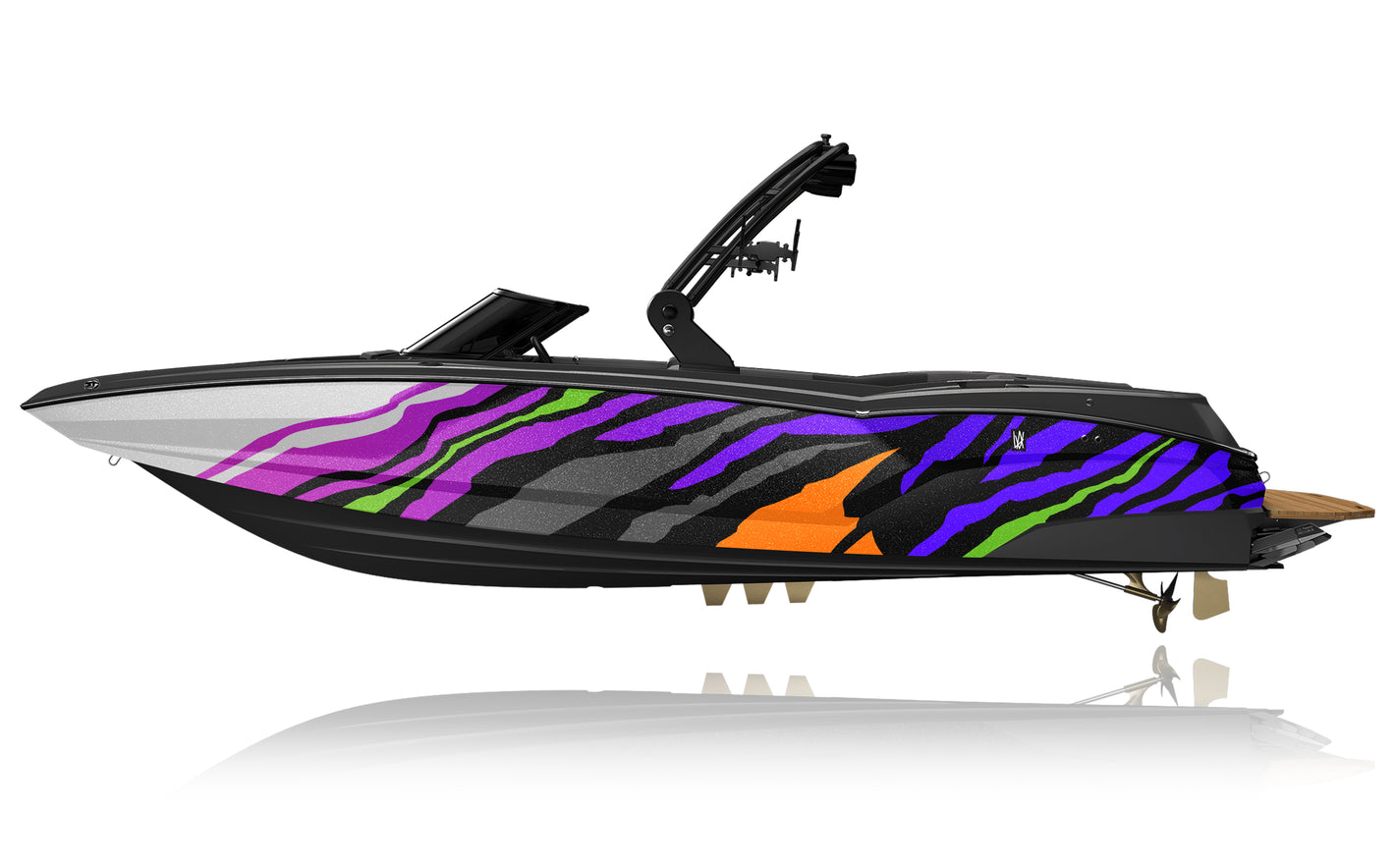 Colorful wakeboard boat with zebra pattern on a white background