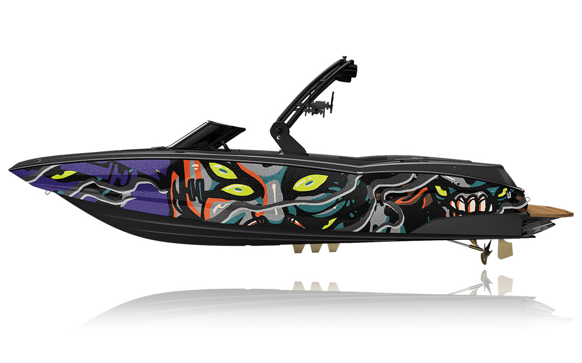 Colorful wakeboard boat with a black and purple design on a white background