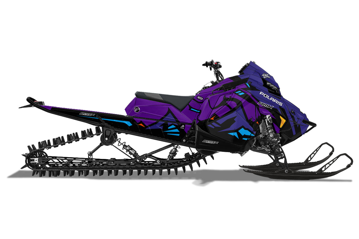 A Polaris snowmobile shown in a clean side profile on a white background, featuring a striking purple and black wrap design with blue and yellow accents.