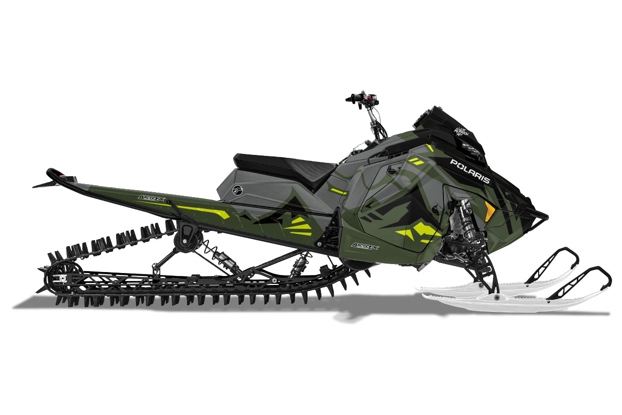 Polaris Matryx Snowmobile Wrap in army green gray and black with a little touch of lime with white skis