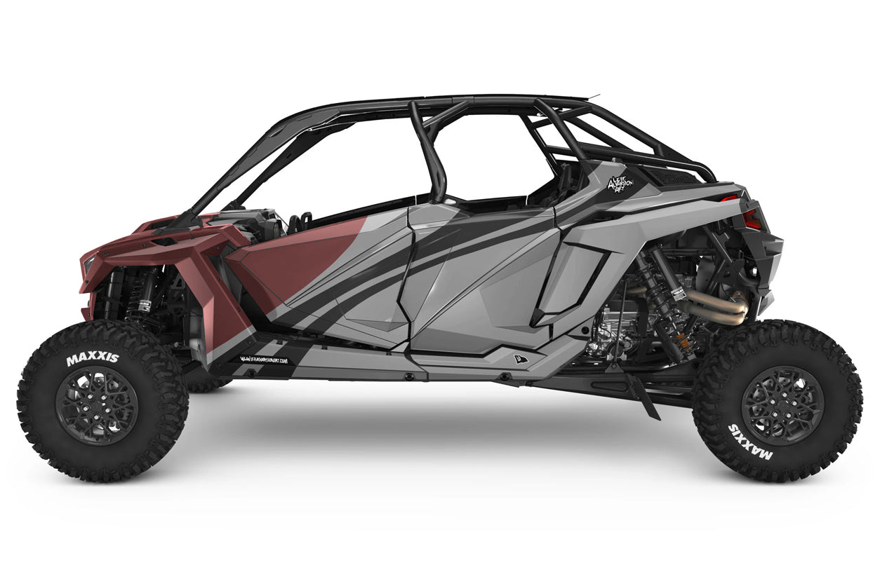 Side view of a four-wheeler with a copper red and gray design on a white background.