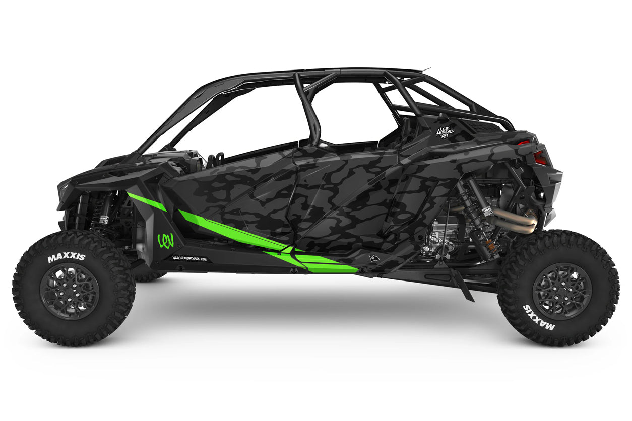 Black camo off-road vehicle with green accents on a white background