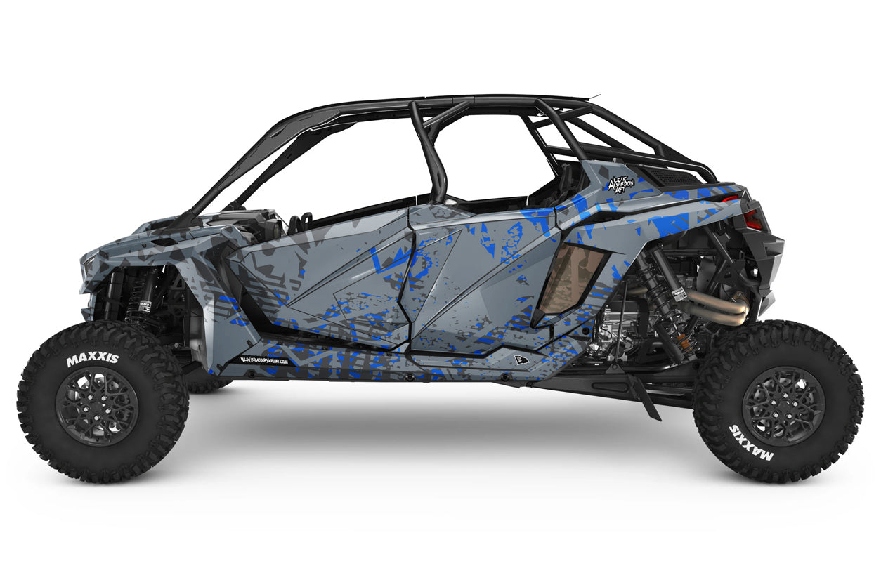 Side view of a four-wheeler with a camouflage design on a white background