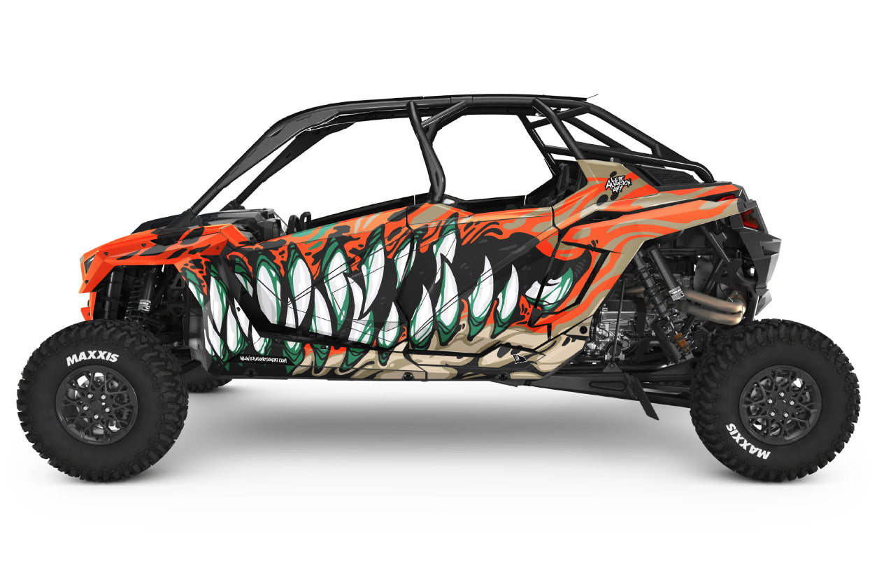 Orange, Sand colored UTV Vehicle wrap with white sharp teeth.