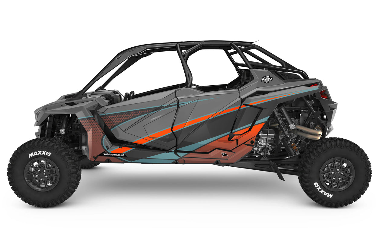 Side view of a gray and orange off-road vehicle with 'Maxxis' branding on a white background