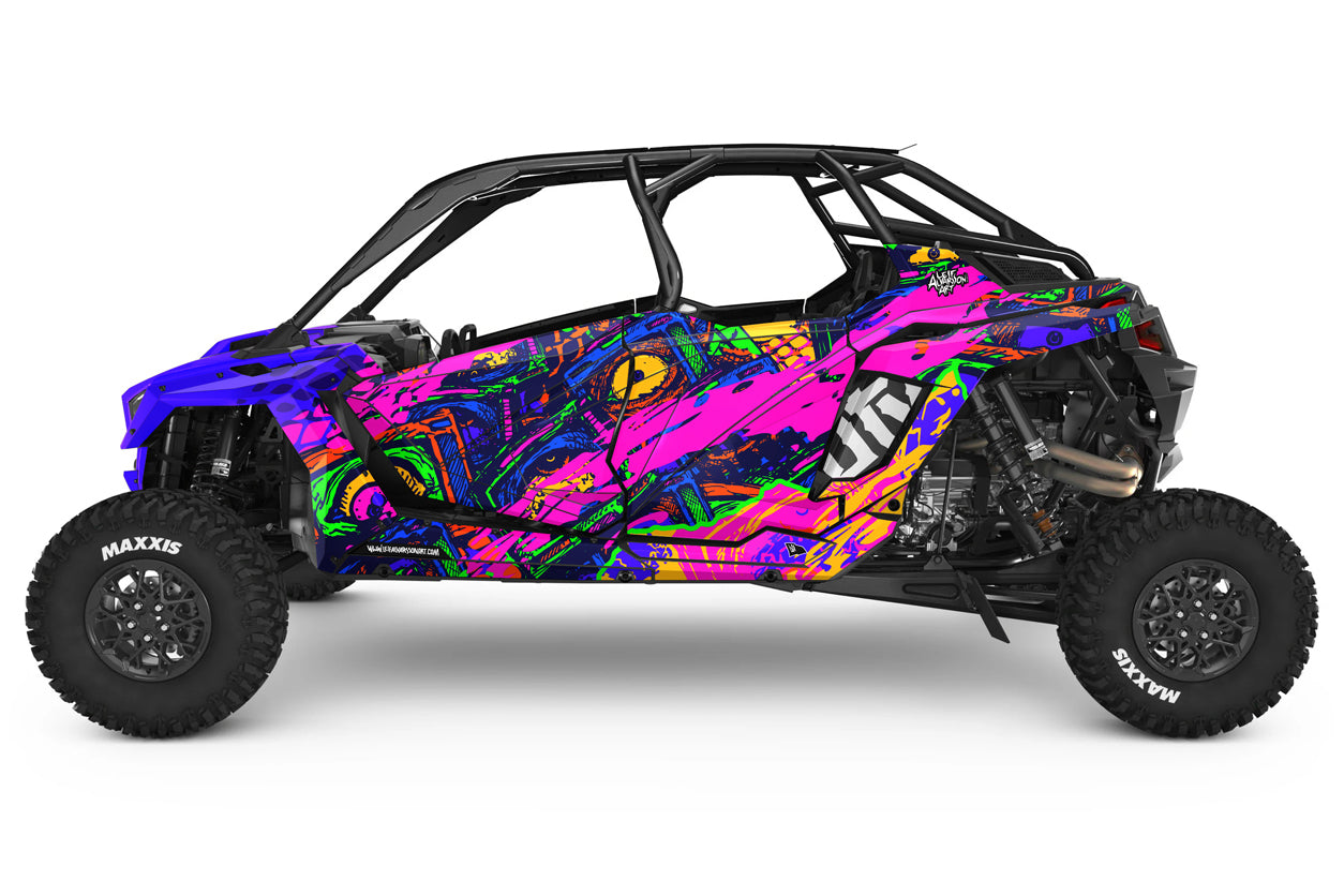 Colorful off-road vehicle with a vibrant wrap on a white background