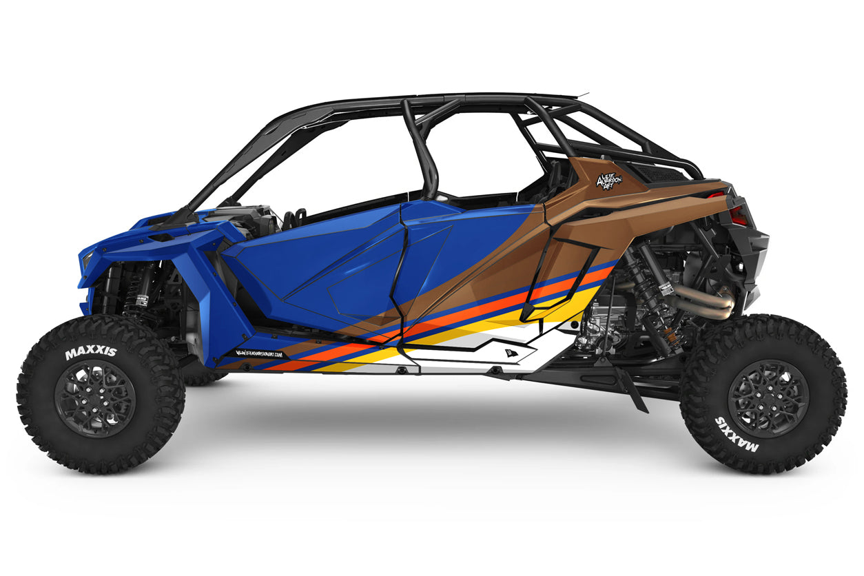 Blue and brown off-road vehicle with a black roof on a white background