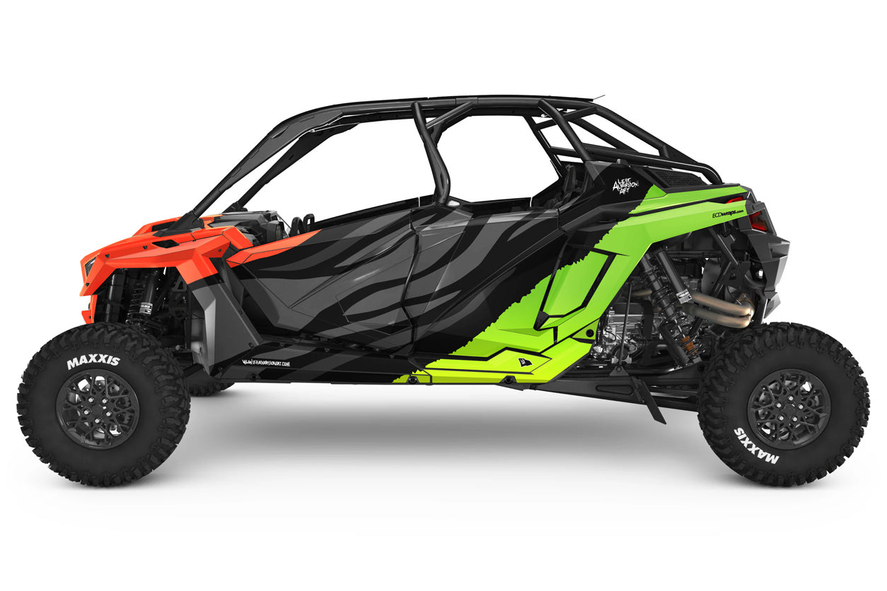 Polaris utility vehicle with the new crude utv wrao design in orange grey and lime green with a black ecdwraps.com logo in the back