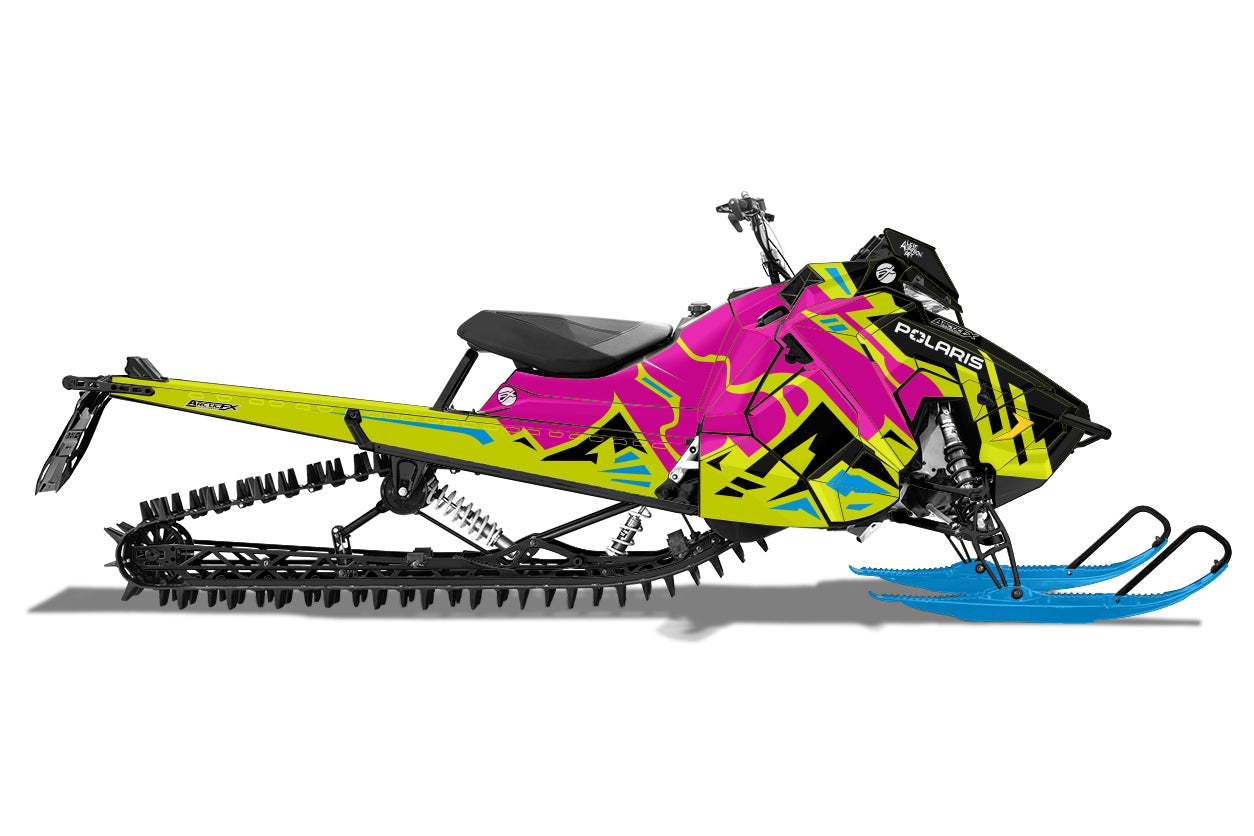 Polaris Axys Snowmobile Wrap in black lime and hot pink colors with blue skis and white logos