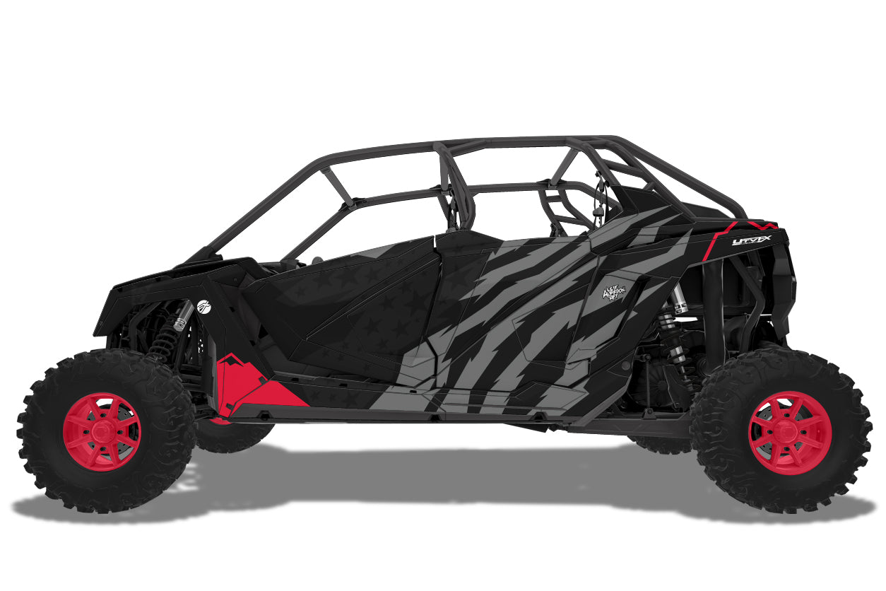 red rzr wrap with gray stripes, red mountains and black background