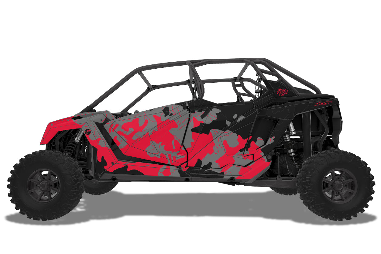 red rzr wrap with camo and red outline in the background