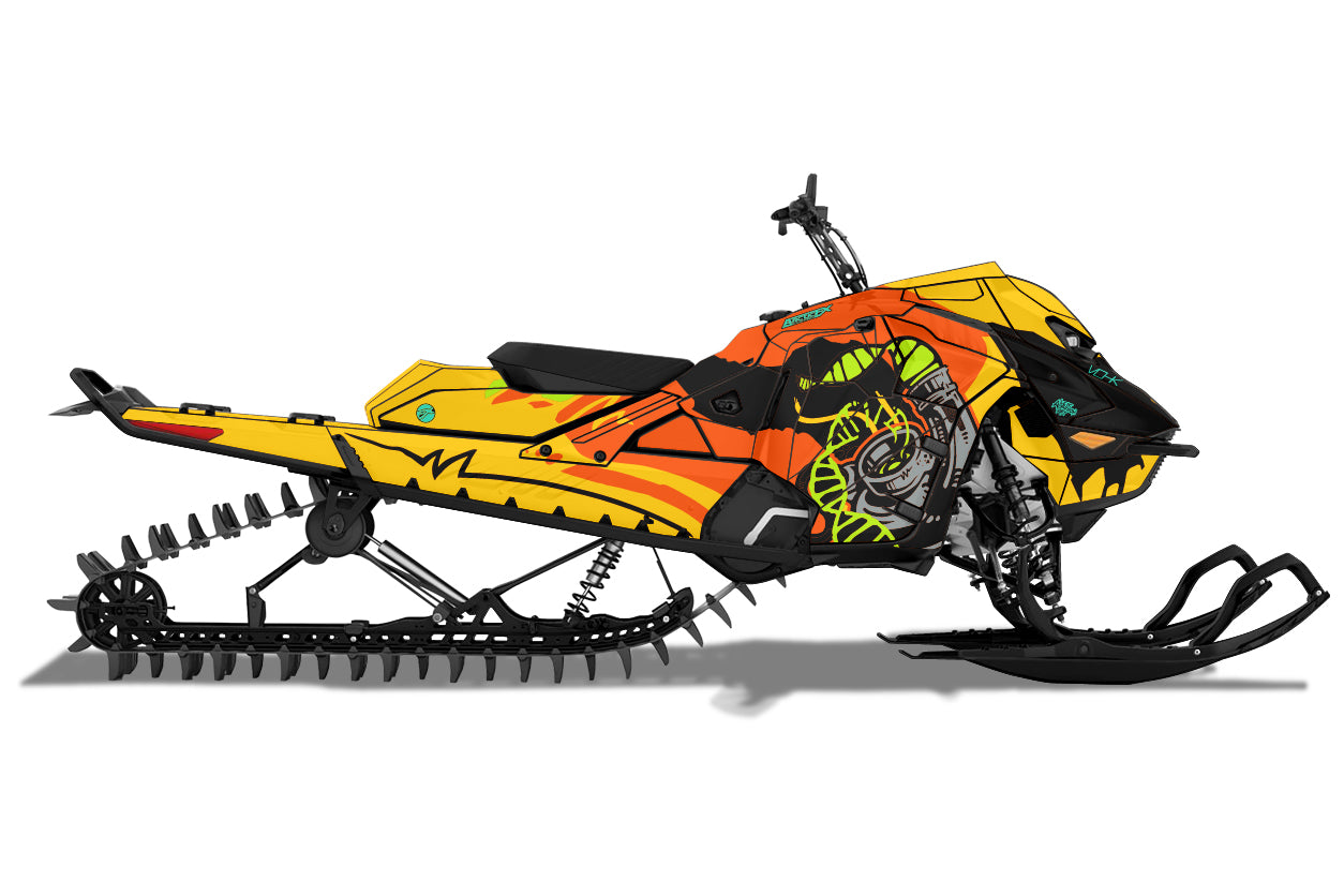 Yellow and orange snowmobile with black accents on a white background