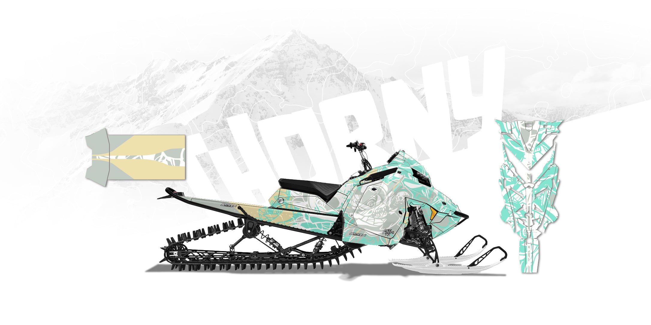 Snowmobile graphic with a mountain and flag design on a white background
