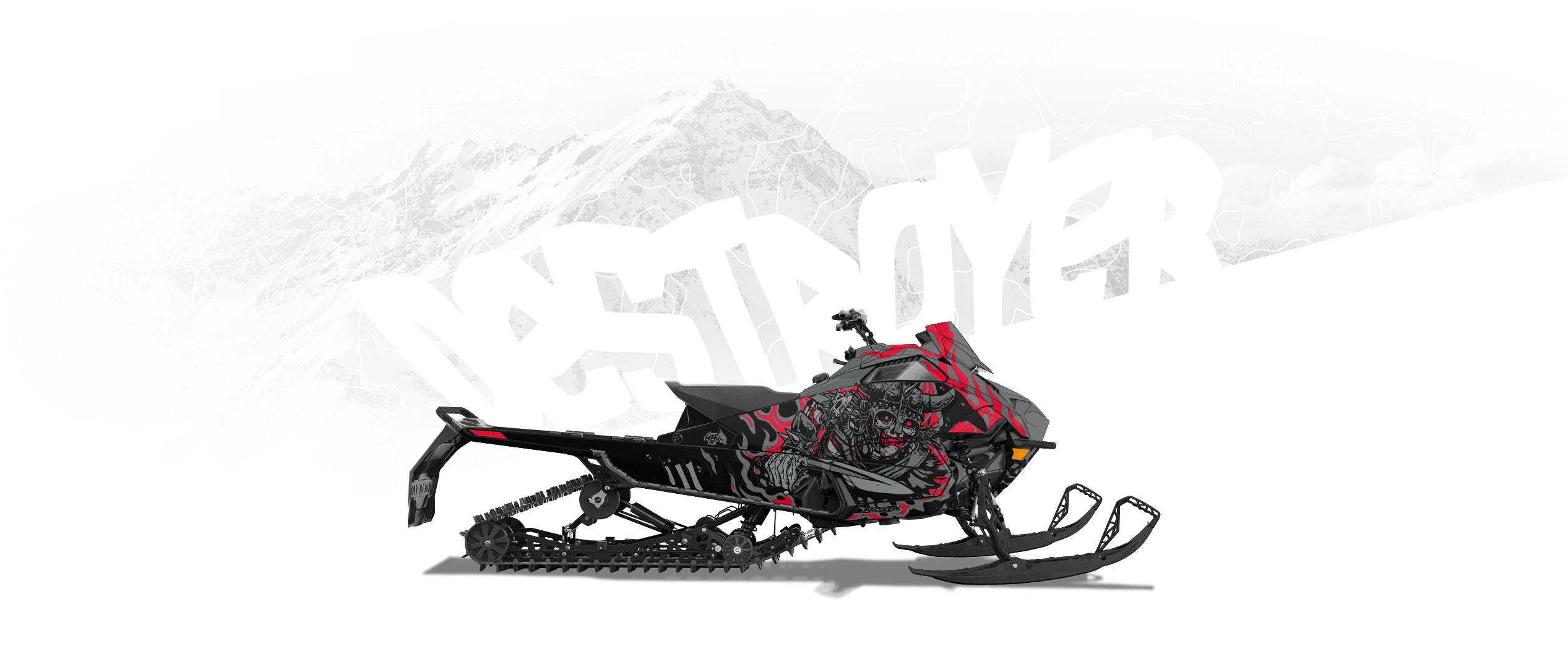 Arctic Cat Catalyst sled wrap with a black and gray viking charging with a sword in the fire with a black raven in the background