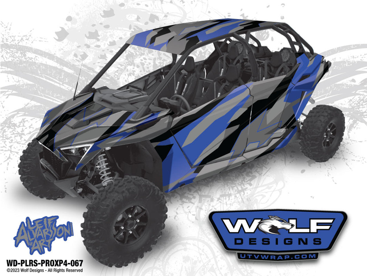 Utv camo wrap design on blue and gray colors on a Polaris RZR Pro XP 4 doors