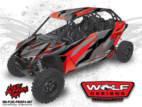 Utv camo wrap design on red and gray colors on a Polaris RZR Pro XP 4 doors