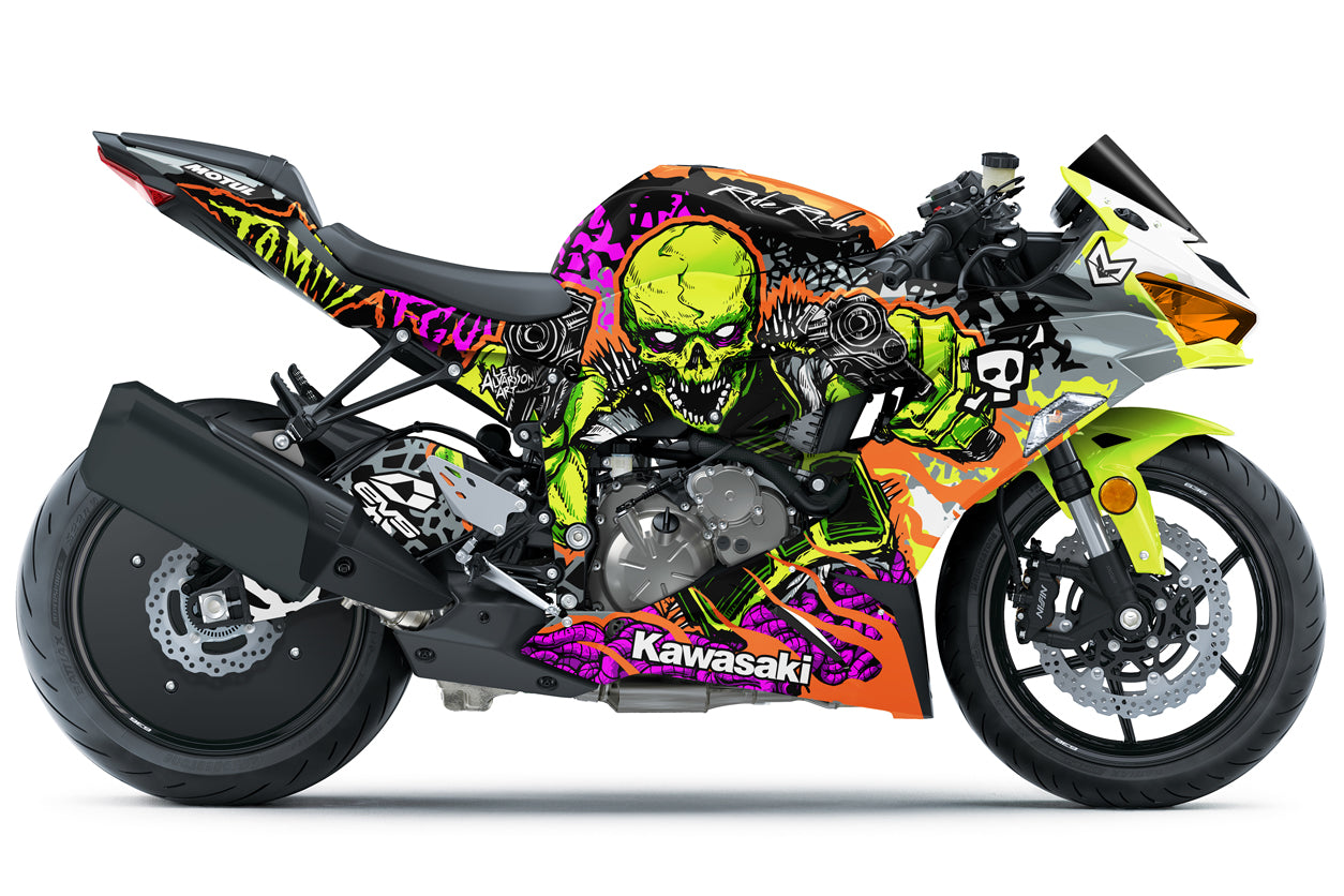Motorcycle graphics > Motorcycle wrap > Livery > Two Wheels > Motorcycle fairings > Vinyl wrap design for motorcycles > Sportbikes > Stunt bike > Skull > Guns
