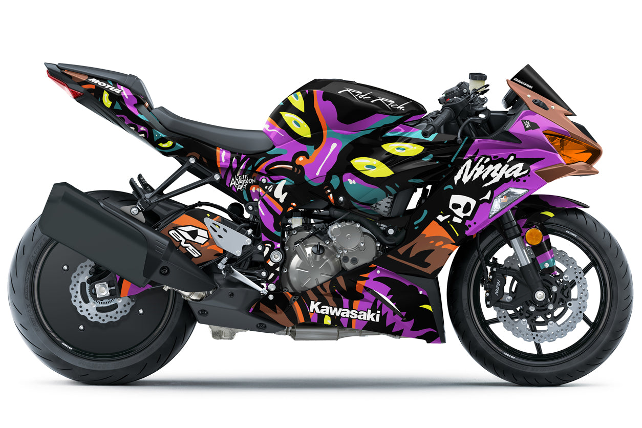 Colorful Kawasaki Ninja motorcycle with abstract design on a white background