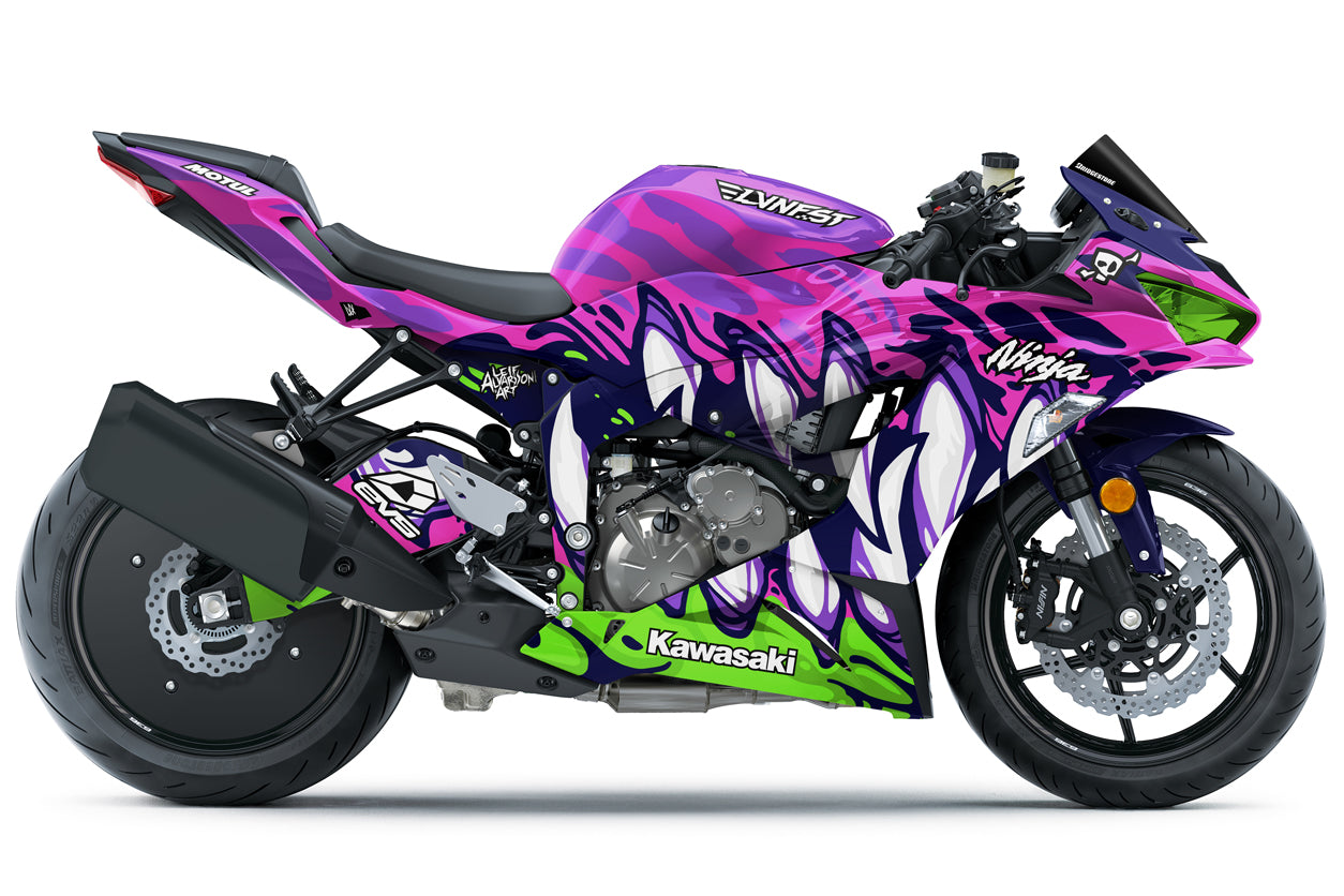 Monster teeths motorcycle wrap design on a kawasaki ninja ZX-6R with white background