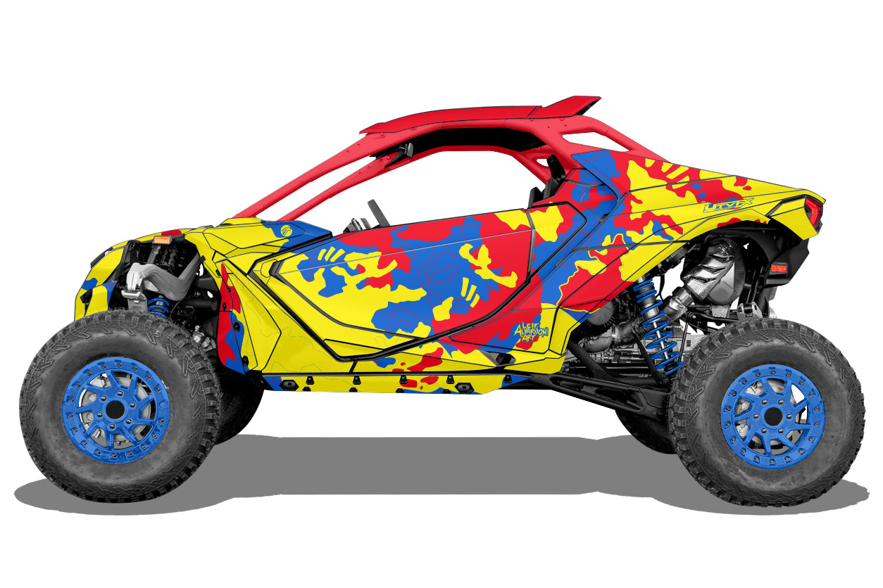Maverick R Can-Am with Covert Camo wrap from UtvFX Graphics blue rims and red cage