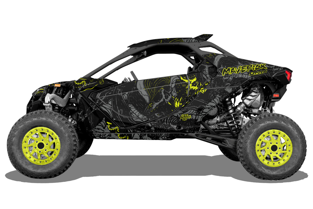 Can-Am Maverick R Side photo showcasing the wicked skull wrap in lime and gray colors from UtvFX Graphics