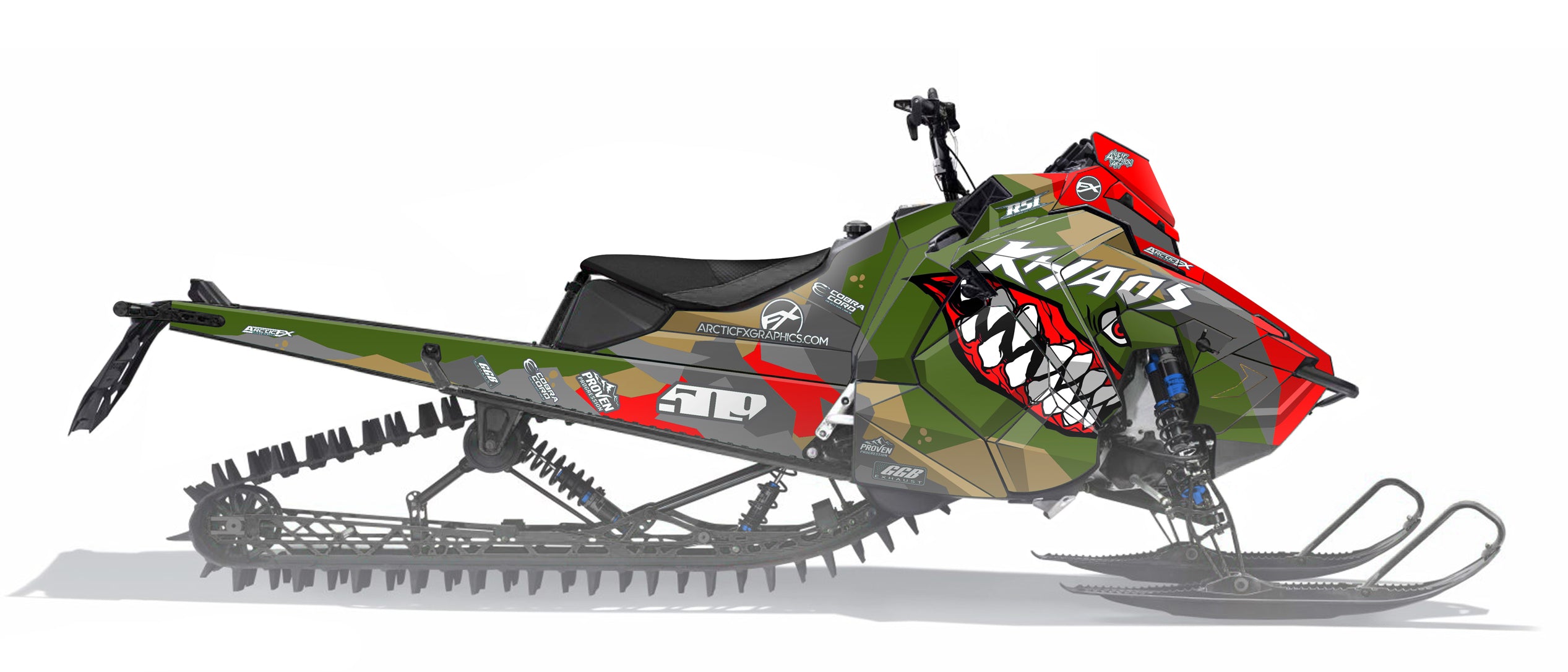 shark mouth teeth on the od green and red curtiss p-40 warhawk inspired design on a polaris snowmobile > Polaris > Axys > Sled > Wraps > Polaris axys sled wraps > Arcticfx graphics > Leif Alvarsson Art > Snowmobile wrap > Sled wrap > Sledwrap