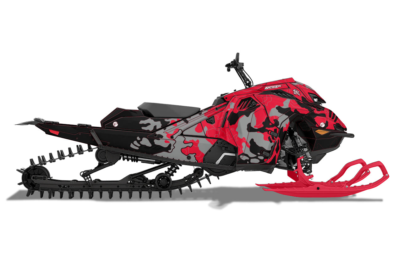 Red camouflage lynx sled wrap with red skis