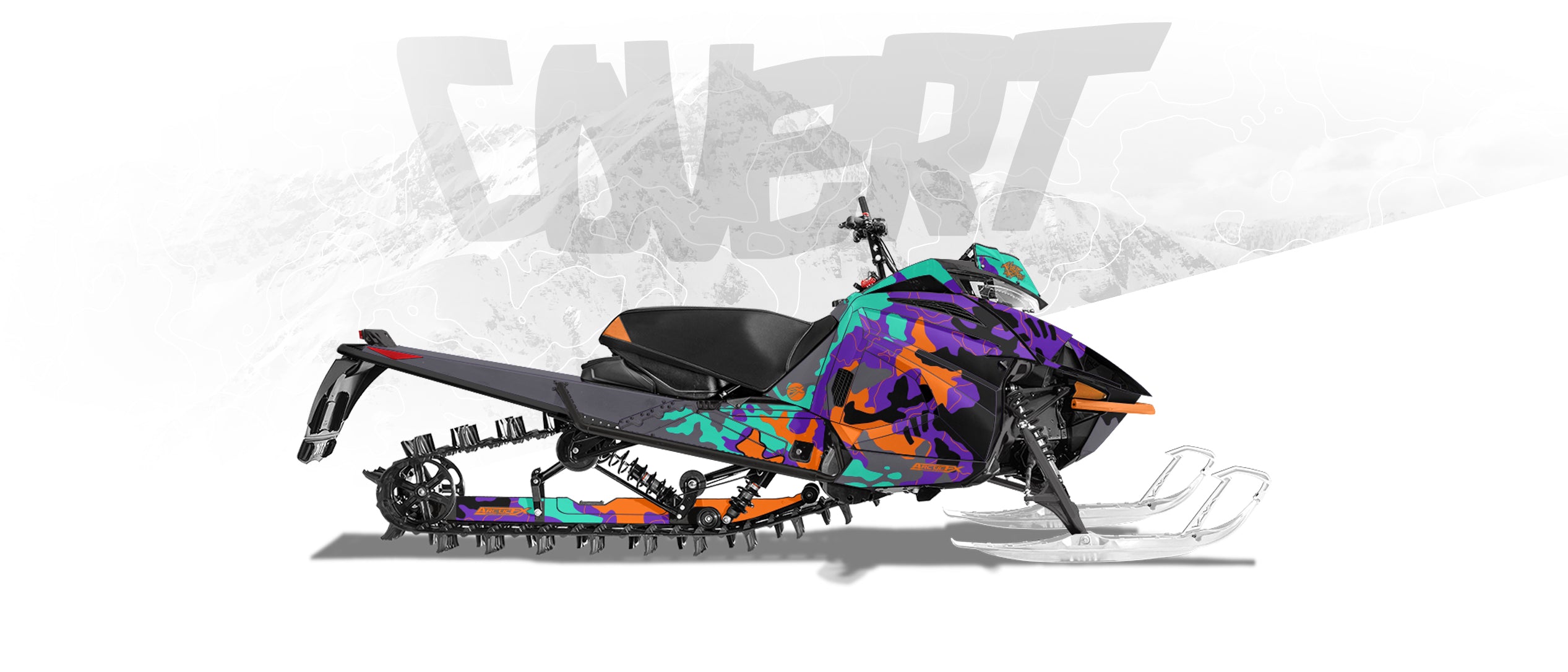 camo wrap on a arctic cat snowmobile in multiple colors