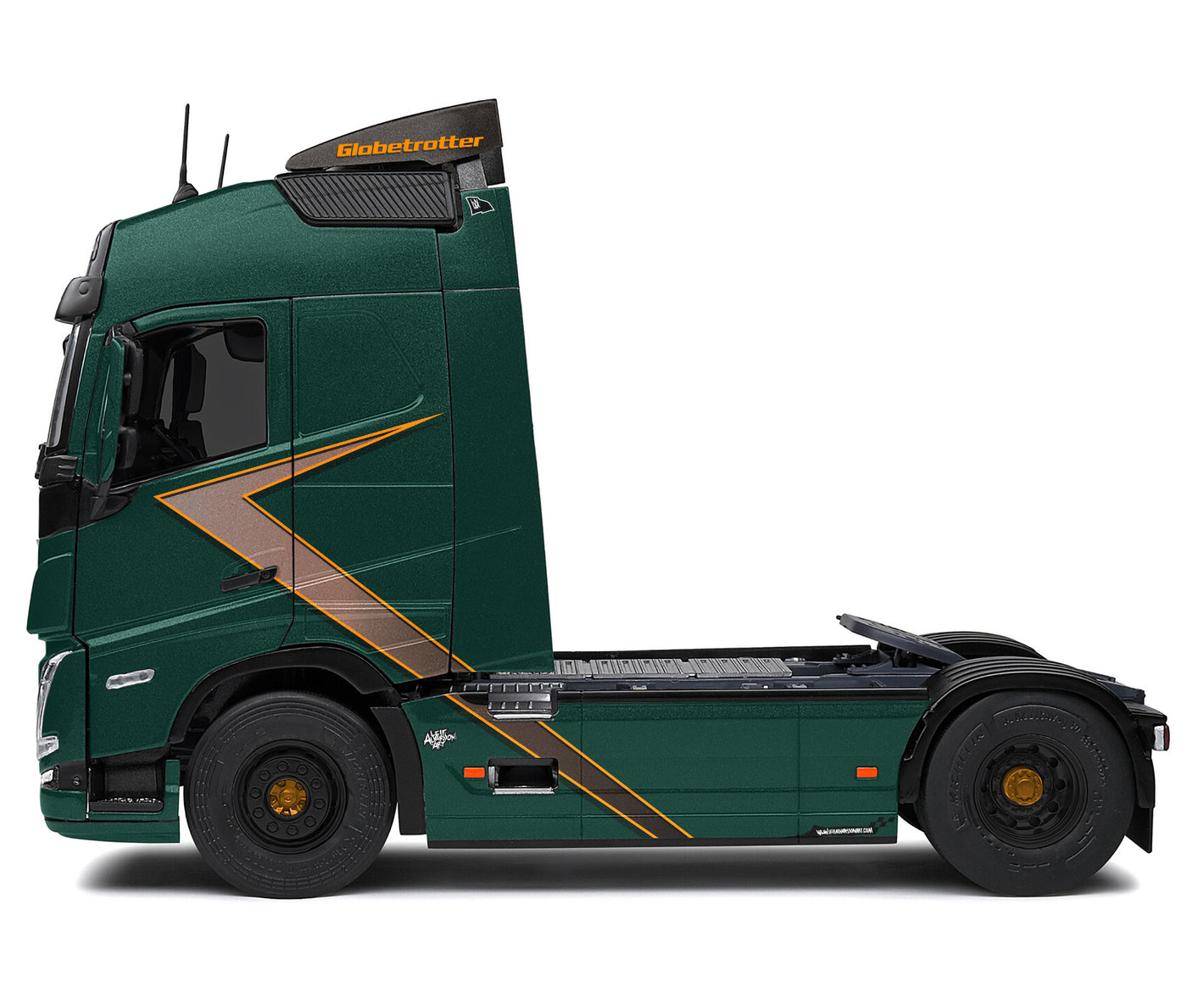 Green truck with a visible brand logo on a white background